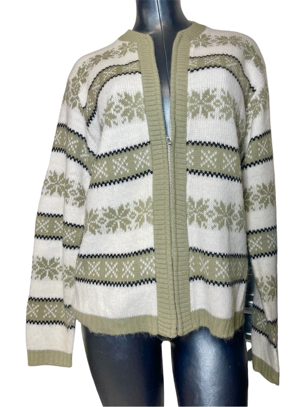 Vintage 60s Revere Zip Front Nordic Wool Cardigan Sweater White Sage Norwegian